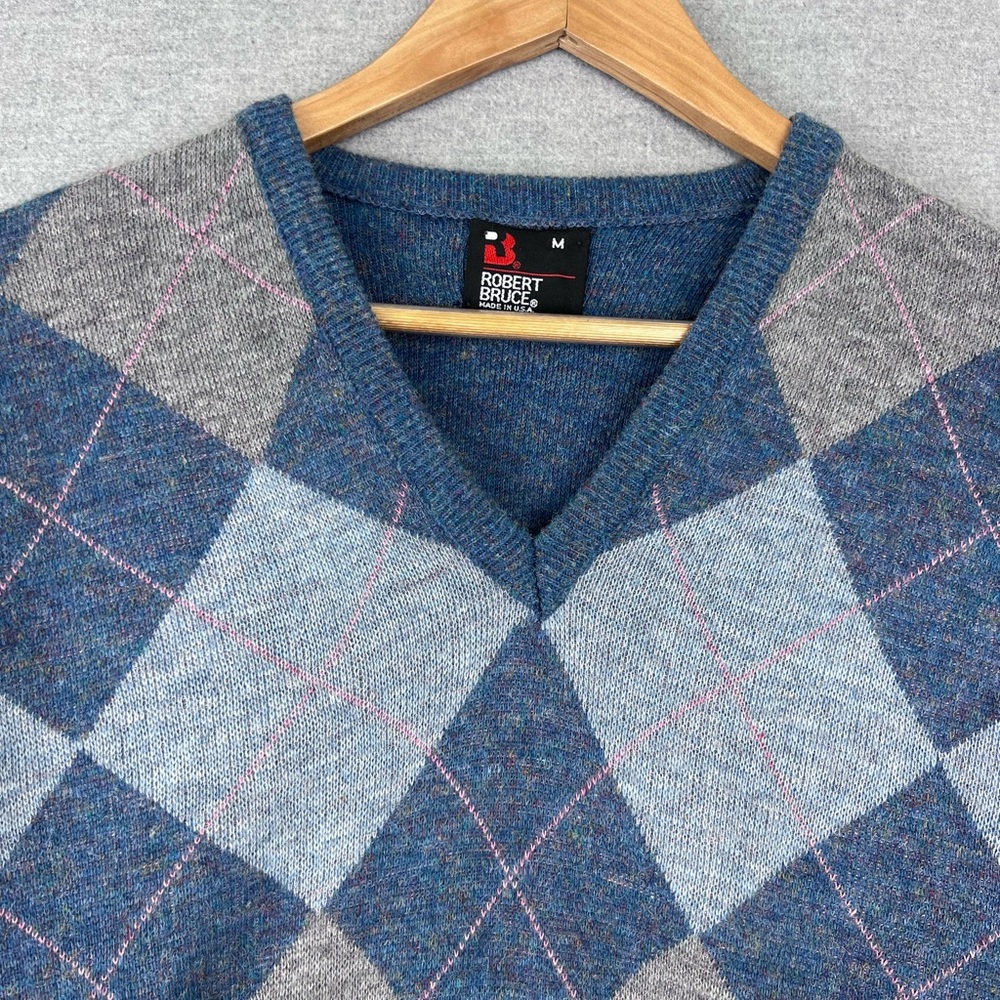Vintage 90s Mens Robert Bruce‎ Shetland Rayon Argyle Preppy V Neck Sweater Sz M